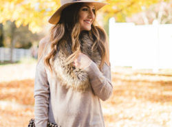 Blogger Mallory Fitzsimmons of Style Your Senses wears a cold shoulder tunic sweater with faux leather leggings, a faux fur infinity scarf and felt hat for a festive Fall and Winter look.