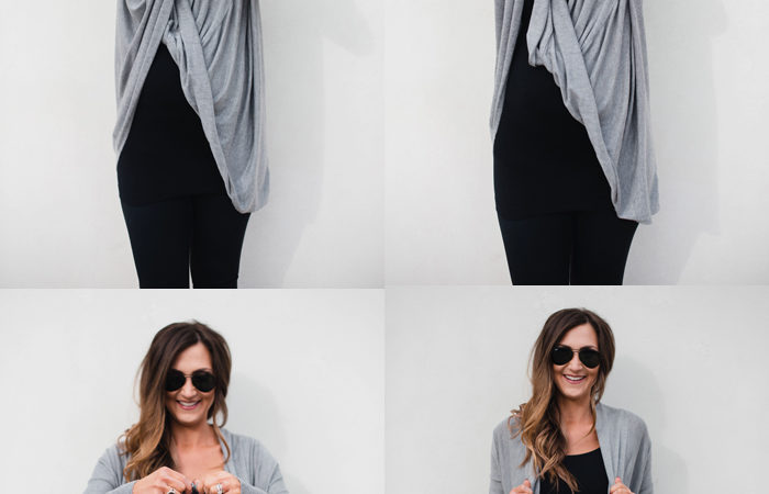 Cute Athleisure outfit for busy moms with this versatile cardigan that can be worn two ways!