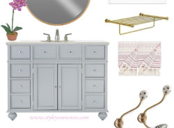The mood board for a shared little girls bathroom using lavender, gold and grey