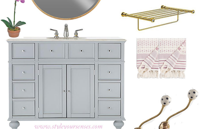 The mood board for a shared little girls bathroom using lavender, gold and grey