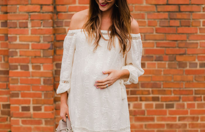 Blogger Mallory Fitzsimmons of Style Your Senses wears a non-maternity off the shoulder eyelet dress to style her 30 week bump for Spring