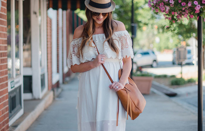 White lace off the shoulder midi dress styled two ways for Summer!