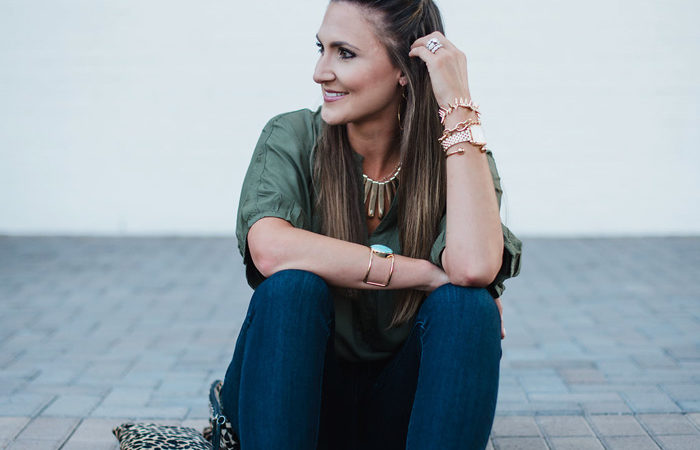 Fall Transition Outfit | green anthropologie top with these amazing and flattering skinny jeans