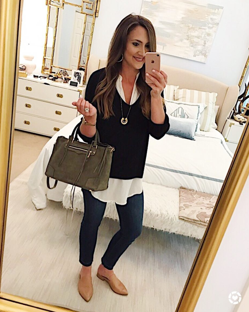 Layered tunic with skinny jeans, mules and rebecca minkoff bag