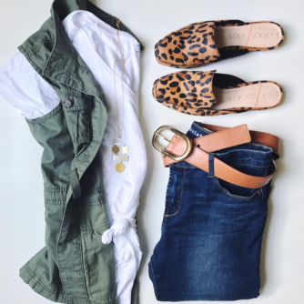 Cute outfit for Fall with utility vest and leopard mules