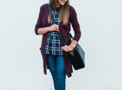 Plaid peplum top with a long cardigan, skinny jeans and tan mules for a fun Fall transition outfit.