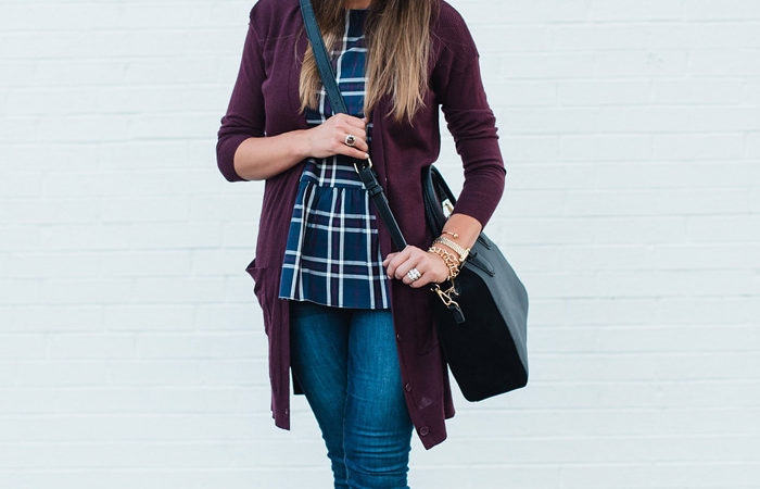 Plaid peplum top with a long cardigan, skinny jeans and tan mules for a fun Fall transition outfit.