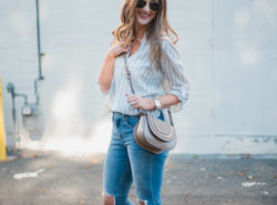 Spring transition style with a breezy button down, busted knee Levi's and sole society accessories