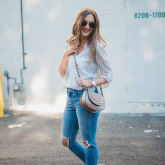 Spring transition style with a breezy button down, busted knee Levi's and sole society accessories