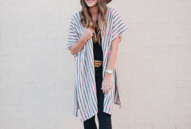 Spring Transition outfit with long poncho and gucci belt