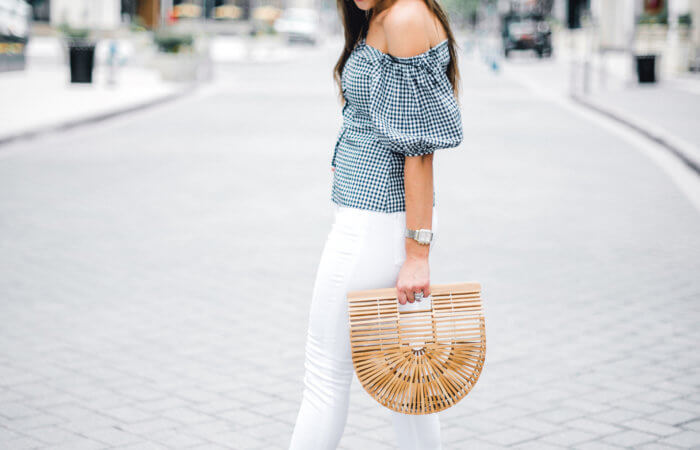 Gingham off the shoulder top with white jeans and statement earrings
