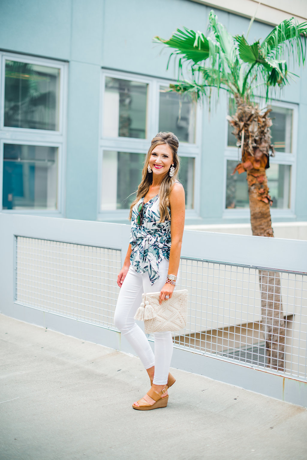 palm print top with white jeans - Gibson X Hi Sugarplum! at NORDSTROM featured by Texas fashion blogger, Style Your Senses