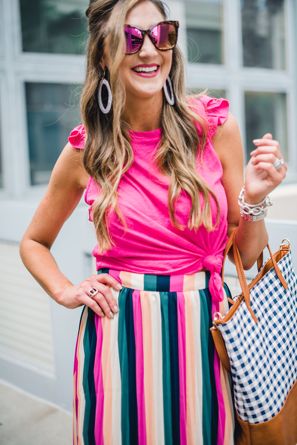 racerback tank with stripe skirt and gingham bag - Gibson X Hi Sugarplum! at NORDSTROM featured by Texas fashion blogger, Style Your Senses