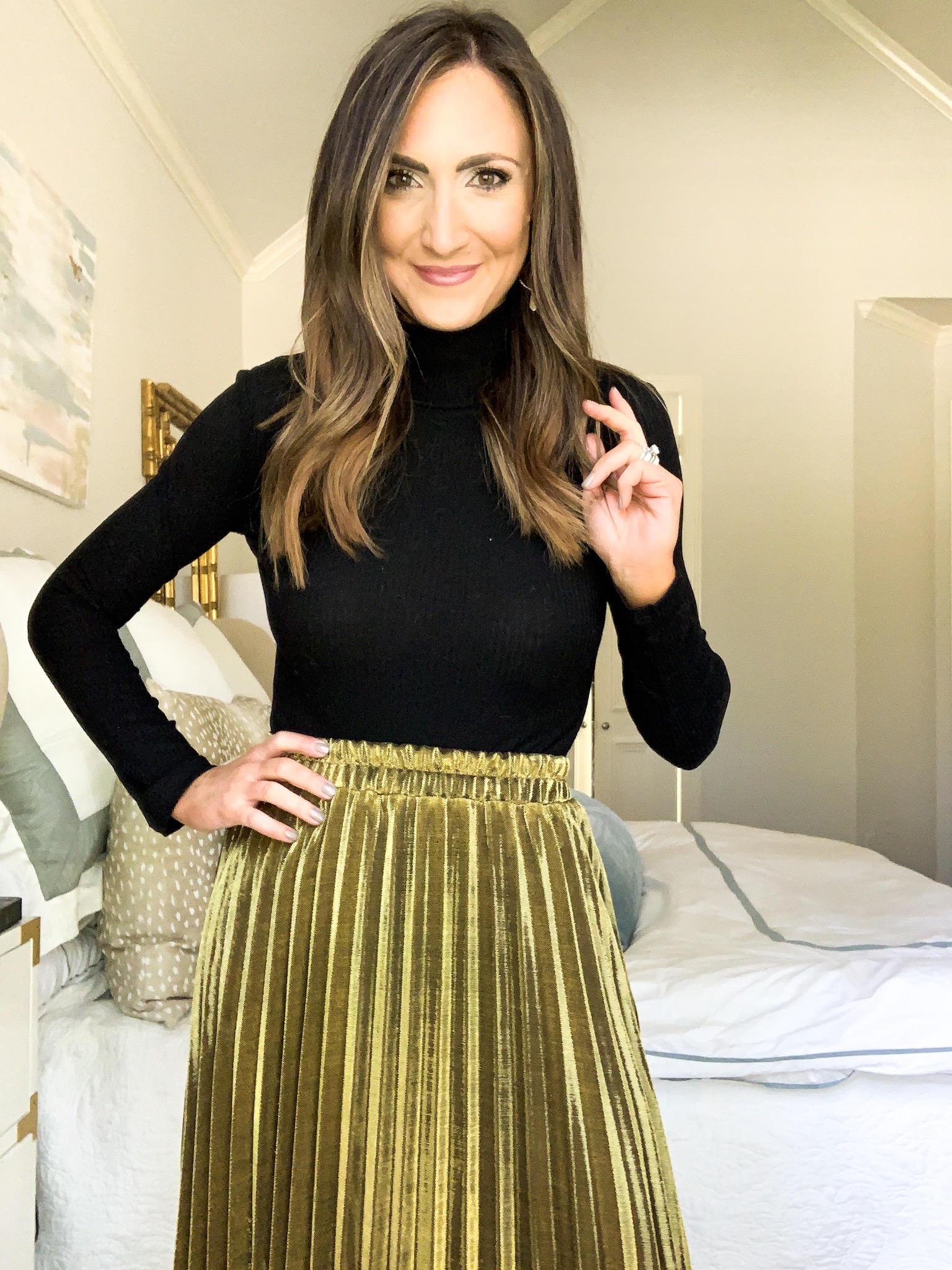 black bodysuit and gold pleated midi skirt, style your senses amazon fashion haul