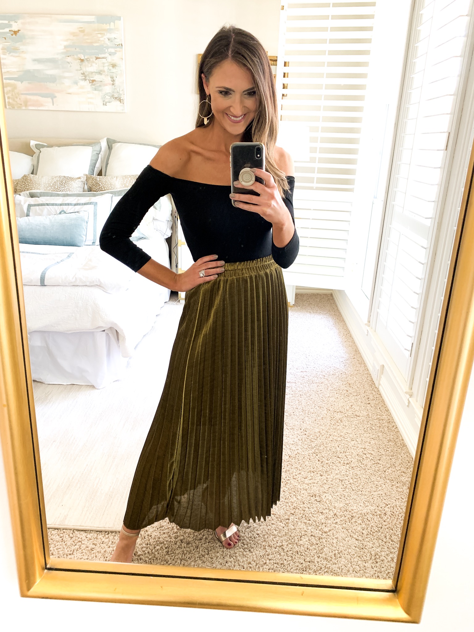 black bodysuit and gold pleated midi skirt, style your senses amazon fashion haul