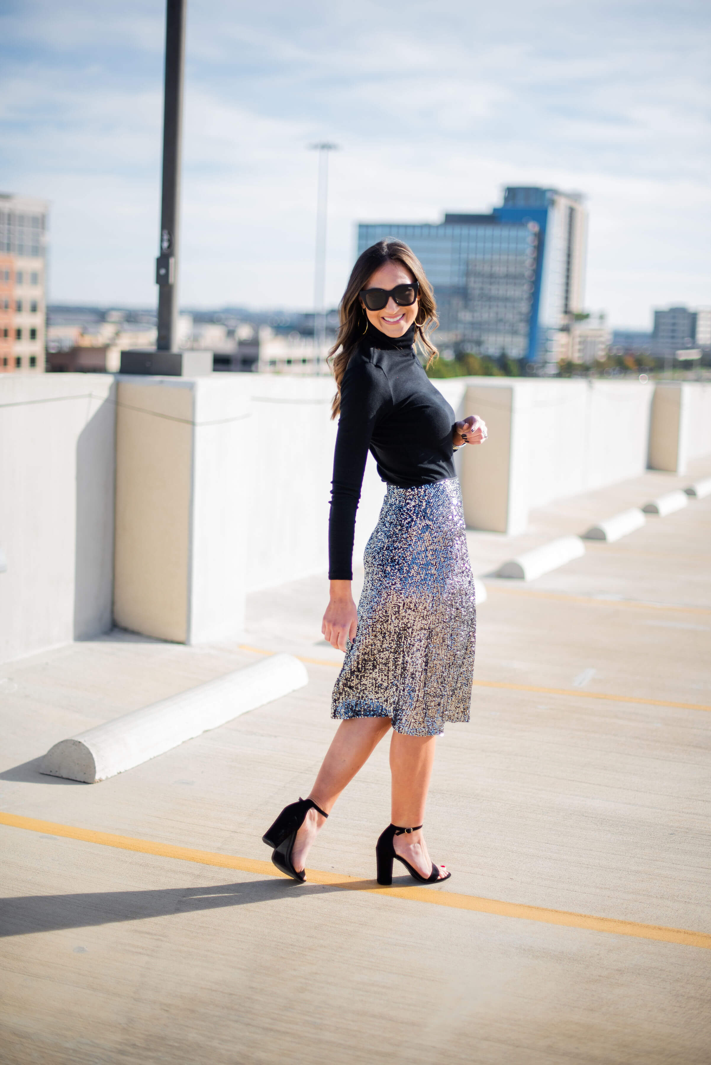 holiday party skirt, holiday outfit inspiration, sequin party skirt, black turtleneck, style your senses