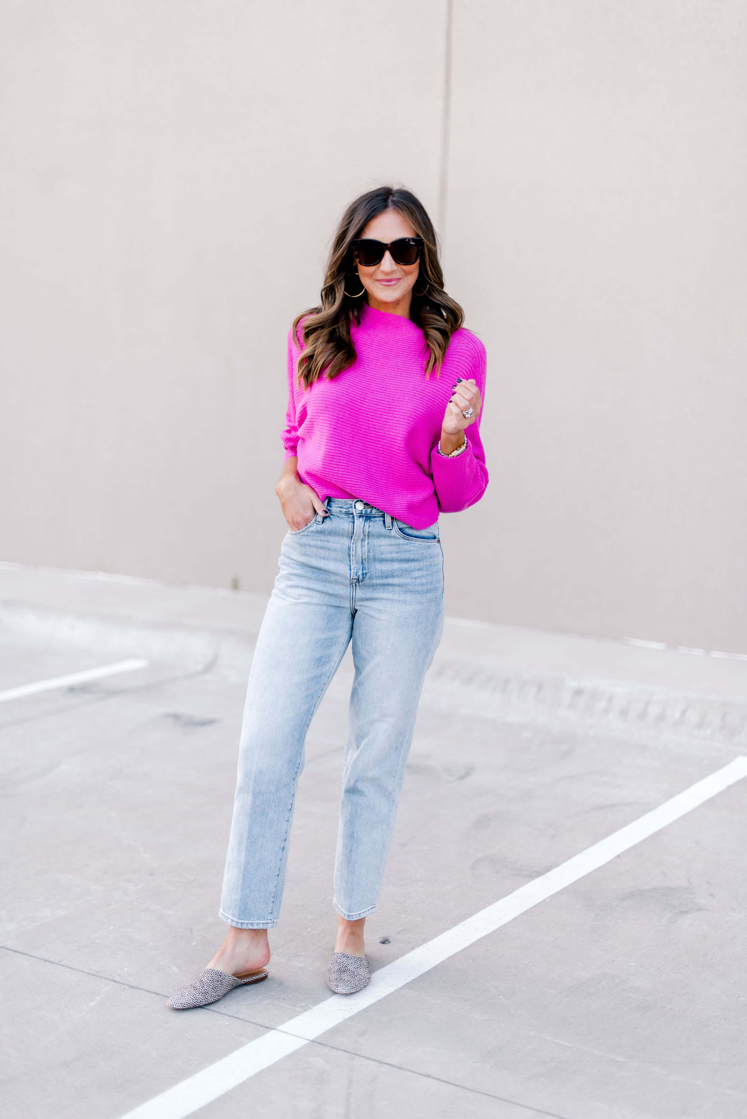 mom jeans, blank nyc jeans, bright pink sweater, fall style, style your senses