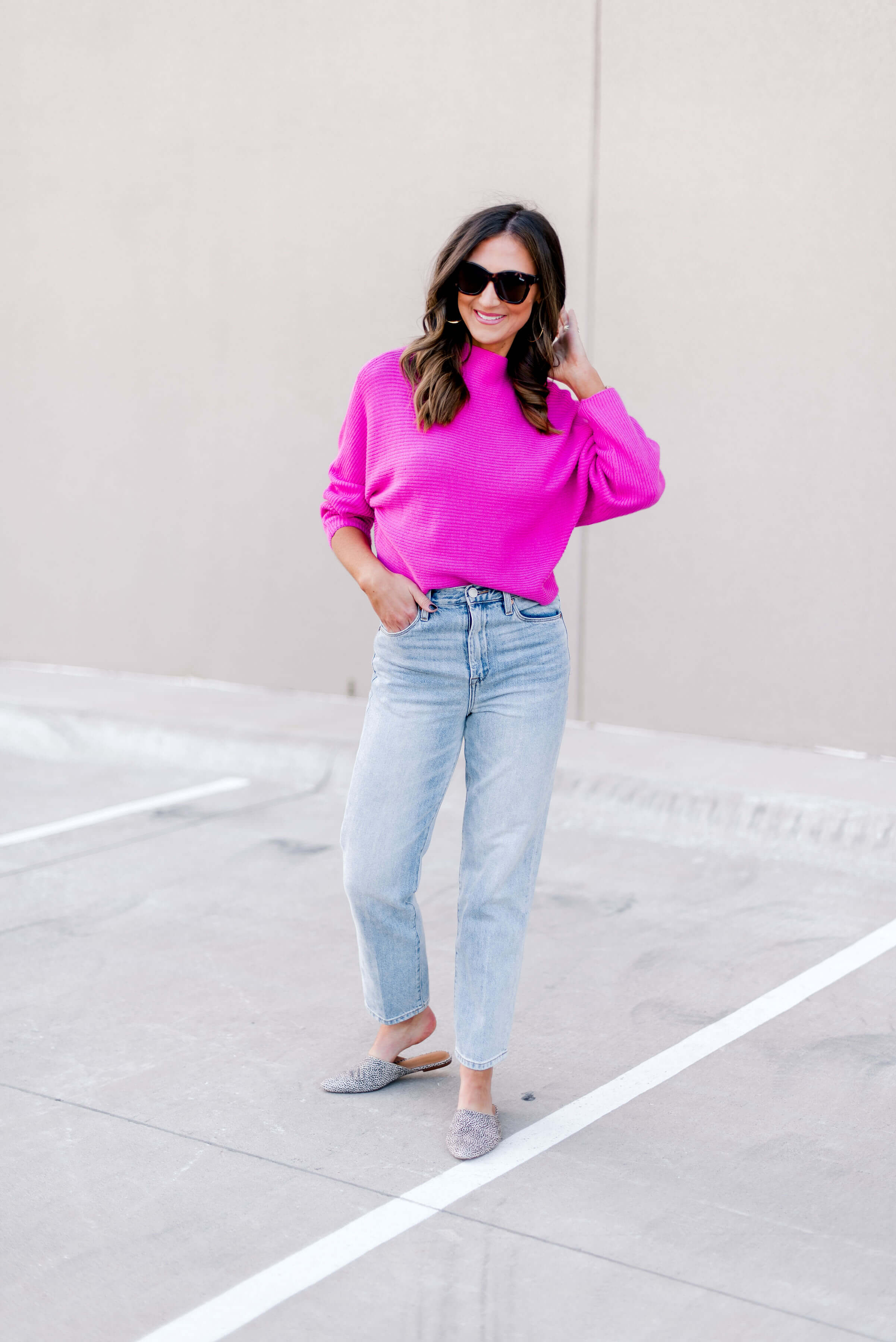 mom jeans, blank nyc jeans, bright pink sweater, fall style, style your senses