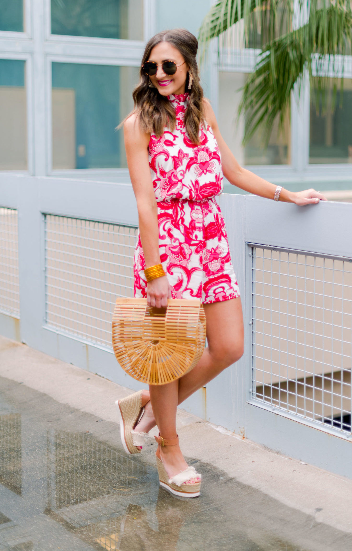 colorful romper dressed up, gibson, nordstrom, hi sugarplum, mallory fitzsimmons, resortwear, see by chloe wedges, spring outfit