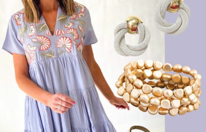 easter outfit, embroidered dress, espadrilles, gold bracelet, mom style, easter outfit for moms